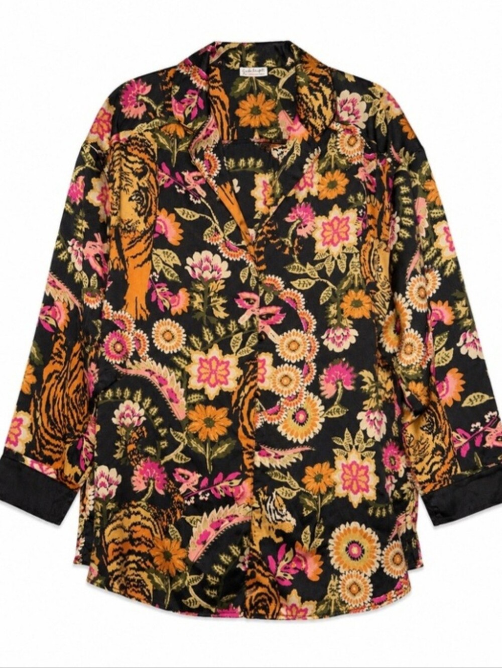 Free People Tiger Floral Satin Button Down Long Sleeve Pajama Top Medium Black - Picture 4 of 10